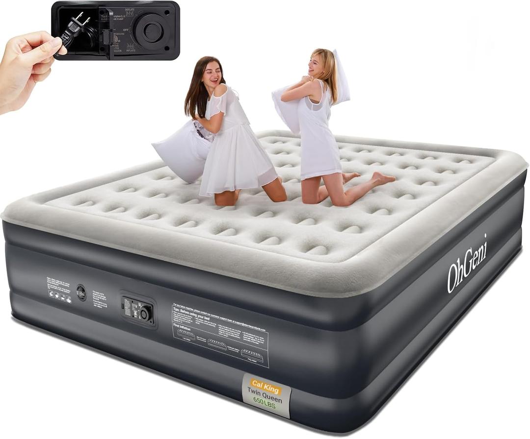 OhGeni Cal King Air Mattress with Built-in Pump for Guest, 18" Tall Inflatable Blow Up Air Bed with Carrying Bag for Camping, Raised Elevated High Airbed, Foldable & Portable Colchon inflables, Black