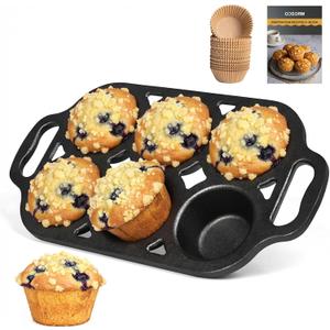 6 Cup Cast Iron Muffin Pan - Pre-Seasoned Nonstick Muffin Tin, Regular Size Cupcake Baking Pan