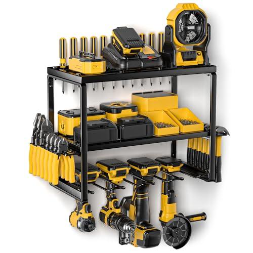 Amoowis Heavy Duty Power Tool Organizer Wall Mount, 3-Layer Metal Rack with 4 Drill Holders, Garage Storage for Cordless Tools, Ultimate Christmas Gifts for Men, Husband, Dad, DIYers
