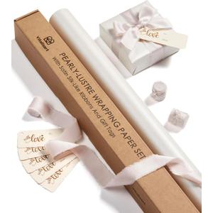 Vitalizart White Wrapping Paper Set 30" Pearly-Lustre With Silk Like Satin Ribbon & Gift Tags Recyclable Christmas Gift Wrapping Birthday Baby Shower Wedding Handmade Crafts 197"(16.4 Ft)