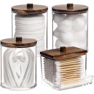 Tbestmax 4 Pack Qtip Holder Bathroom Container, 10/7oz Cotton Ball/Swabs Dispenser, Apothecary Jar with Bamboo Lids for Organizer and Storage (Brown)