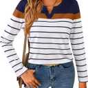 SOFIA'S CHOICE Striped Shirt Women Basic Casual V Neck Long Sleeve T Shirts Deep Blue White, Small 