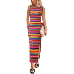 PRETTYGARDEN Womens Maxi Tank Spring Dress Sleeveless Crew Neck Striped Side Slit Casual Long Bodycon Dresses (L)