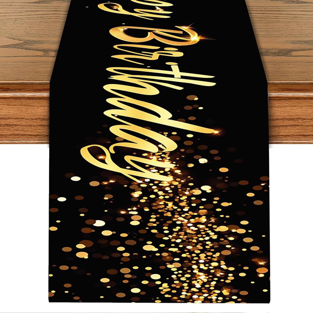 Elegant Black and Gold Happy Birthday Table Runner  13x72 Inch Birthday Table Decor with Glitter Design, Modern Party Decoration for Dining Table, Buffet, or Celebration Setup (71)