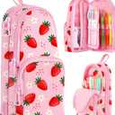 Cute Strawberry Pencil Case,Unique Aesthetic 3D Schoolbag-Shaped Pencil Pouch for Girls Boys Kids Women,Big Capacity Pen and Pencil Stationery Organizer Bag with Zippers for School Office