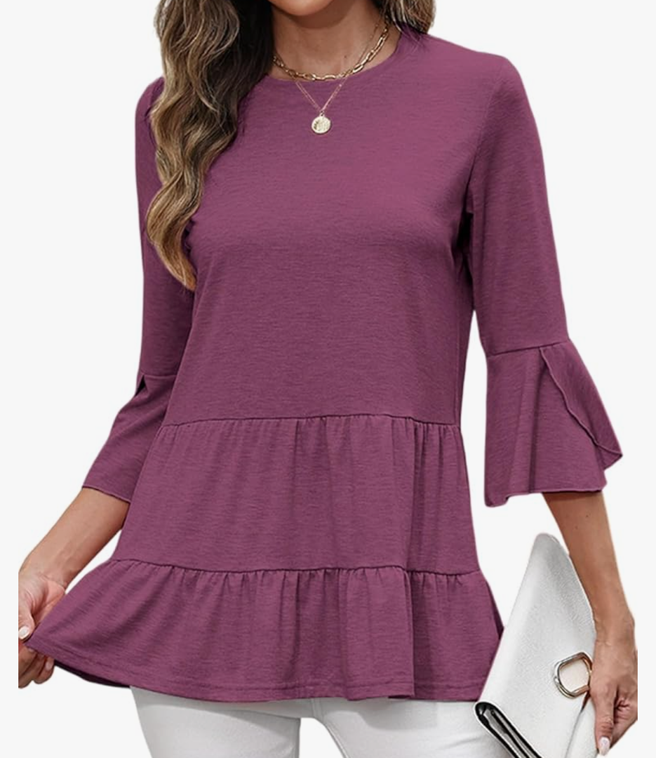 CiCiBird Women's 3/4 Ruffle Sleeve Babydoll Top Loose Peplum Crewneck Tunic 2025 Fashion Casual Shirt Size M Purple Red