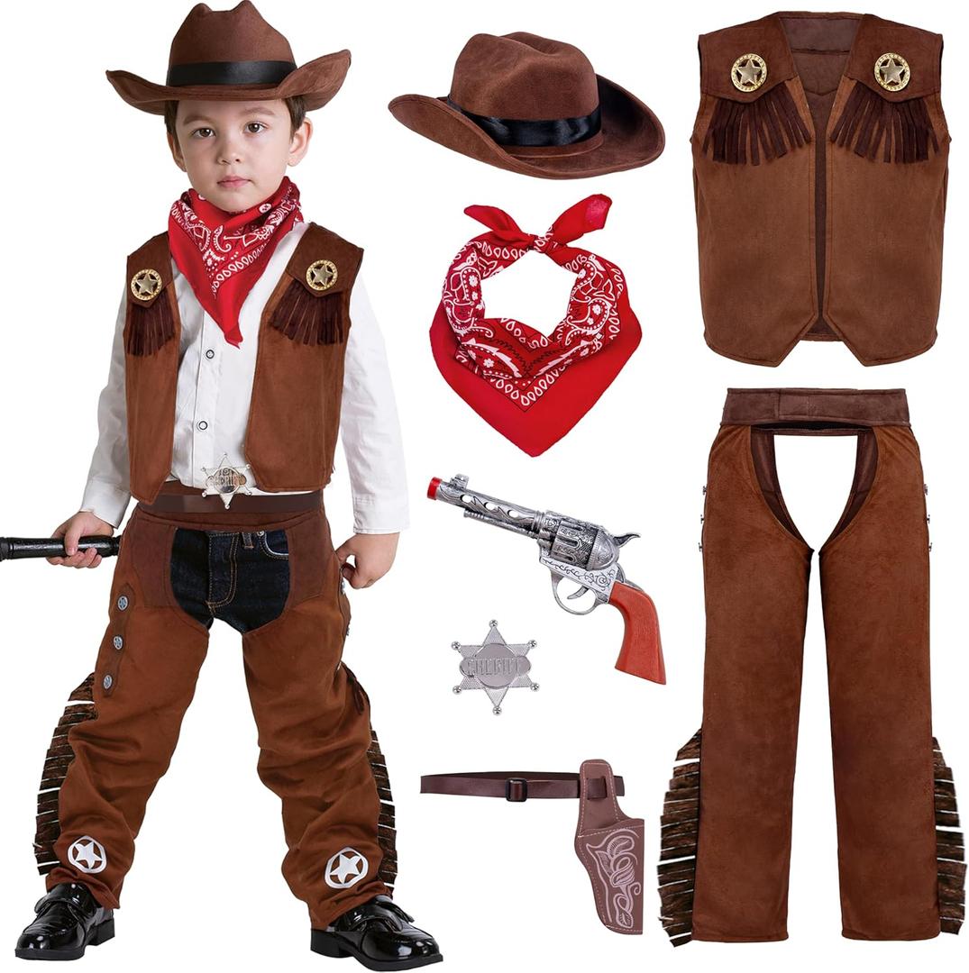 Spooktacular Creations Halloween Cowboy Costume for Boys, Kids Brown Western Costume, Deluxe Cowboy Outfit Set with Hat for Toddler Halloween Dress-up, RolePlay Themed Party (Small, 5-7 yrs)