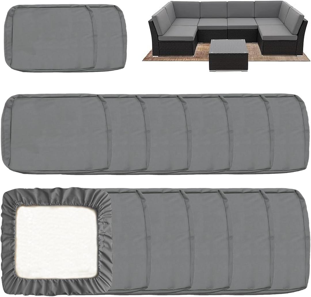 Sqodok Outdoor Cushion Covers 14Pcs Patio Cushion Slipcovers, Replacement Waterproof for 6-Seaters Sofa, Outdoor Furniture Cushion Slipcovers Set Seat and Back, Covers Only, Grey (25"Lx25"Wx4"H)