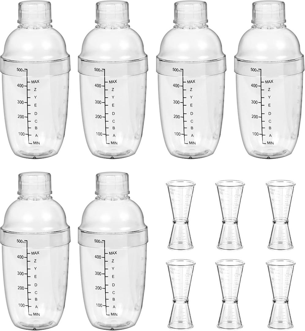 12 Pcs Plastic Cocktail Shaker Set, 6 Pcs 17 oz Cocktail Shaker and 6 Pcs Measuring Jigger Set Clear Wine Shaker Bar Mixing Tool Clear Drink Shaker for Kitchen Bar Party Tools