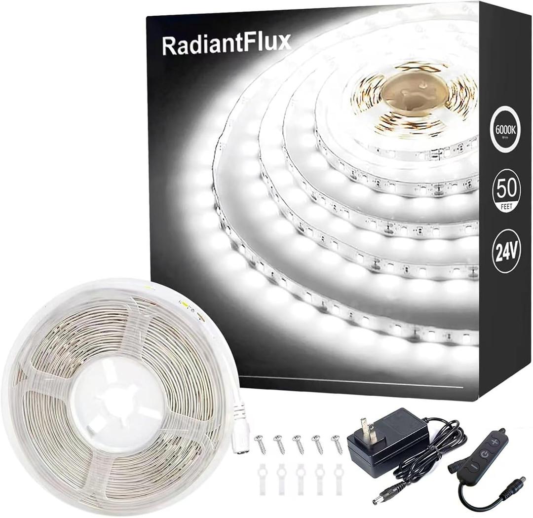 RadiantFlux White Led Strip Lights, Dimmable LED Lights Strip, 50Ft 900Leds, Super Bright LED Tape Lights for Living Room, Bedroom, Kitchen, Vanity Mirro,Flexible LED Light Strips for Indoor Use