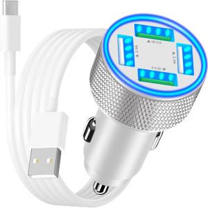 [Apple MFi Certified] iPhone 17 Fast Car Charger, BARMASO 60W USB-C Car Charger 2USB-A + 2QC3.0 Power Cigarette Lighter USB Charger + Type-C Cord for iPhone 17 Air/17 Pro/17 Pro Max/16/15/Galaxy/Pixel
, White, 5 set