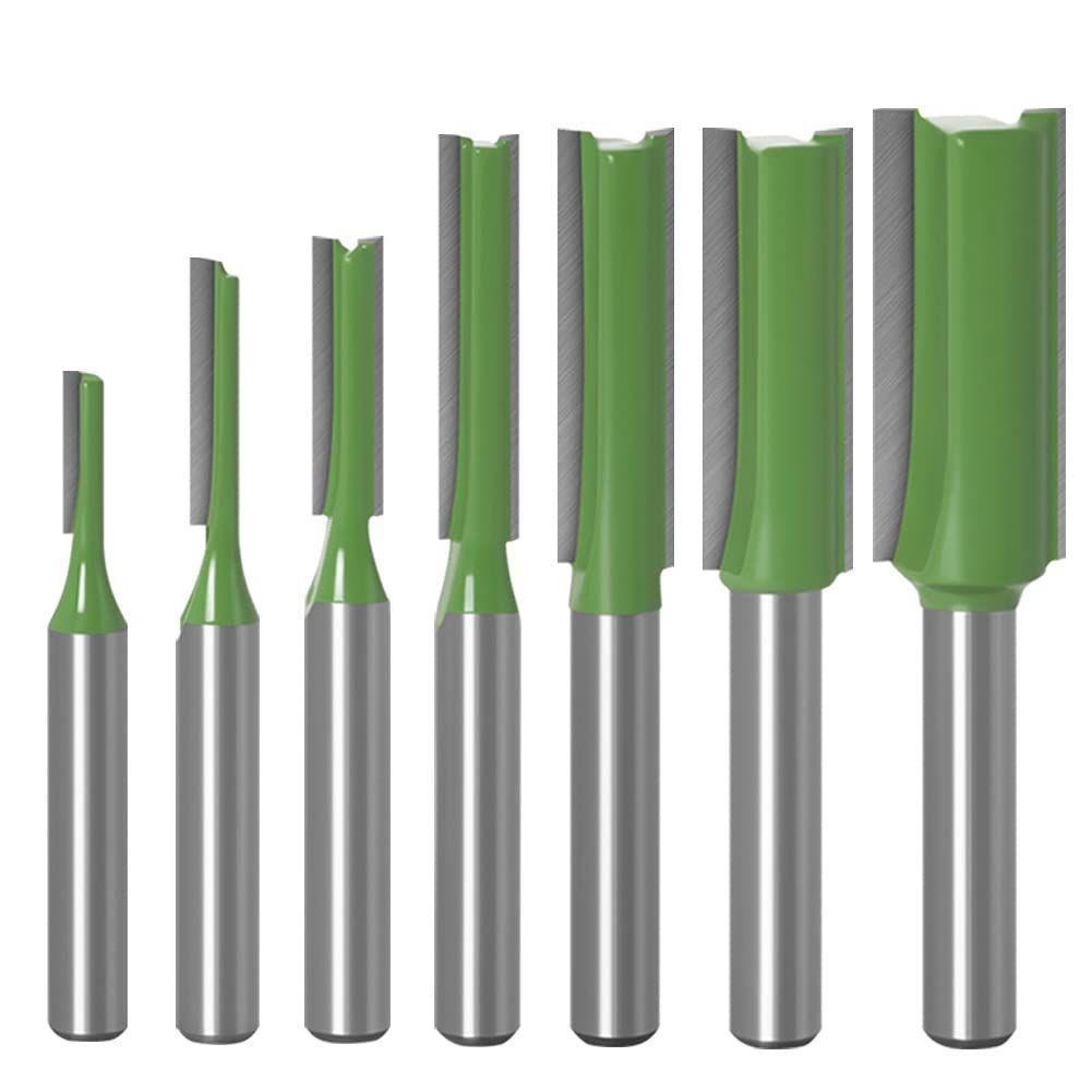 Saipe 7pcs 1/4" Shank Tungsten Carbide Double&Single Flute Straight Dado Router Bit Set, 3/4/5/6/8/10/12mm Cutting Diameter Trimming Cutter for Woodworking, Green
