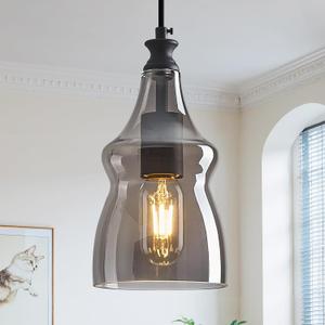 Modern Glass Pendant Light 5.11 in Light Grey Glass Shade Black Farmhouse Island Pendant Lights for Kitchen Pendant Lighting Over Sink Bedroom Dining Room