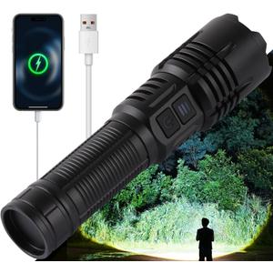 Super Bright LED Rechargeable Flashlights,Zoomable Tactical Flashlights with 6 Modes(UV lamp),6000LM High Powered Flashlight,Waterproof Flash Lights for Camping,Emergency,Outdoor(no Battery)