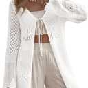 SHEWIN Crochet Cardigans for Women Long Sleeve Tie Front Bow Cardigan Sweaters Hollow Out Knit Summer Beach Vacation Coverups (X-Large, White)