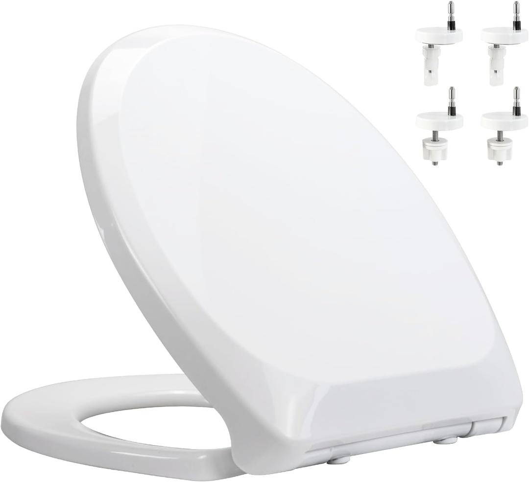 Soft-CloseToilet Seat, Non-Slip Bumpers, Quick Release Toilet Hinges Easy to Install & Clean, Including Two Sets of Parts, White (KP109)