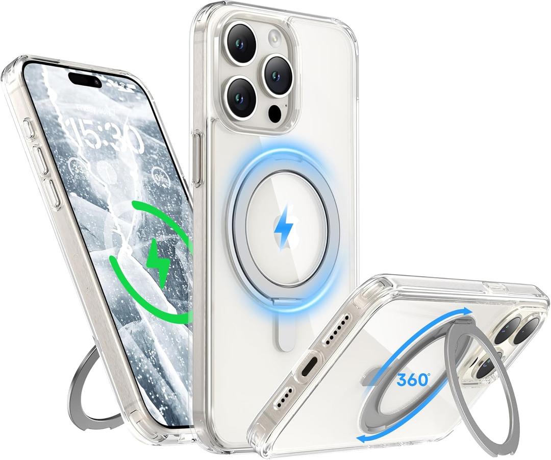 for iPhone 15 Pro Max Case 6.7-Inch with Magnetic 360° Ring Stand Compatible with MagSafe Crystal Clear Shockproof Protective Phone Cover 6.7" 2023, Clear