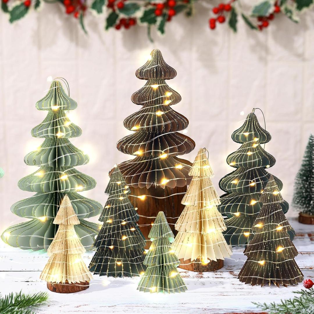 Faccito 8 Pcs Neutral Paper Christmas Trees Honeycomb Centerpiece Paper Honeycomb Christmas Tree with 2 LED Light Strings Hanging Decoration Table Centerpiece(Lovely Color,Fresh Style)