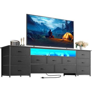 Huuger 70 Inch TV Stand for 75, 80 Inch TV, 11 Drawer Long Dresser with Power Outlets and LED Lights, Entertainment Center with Storage, Black Dresser with PU Leather Surface, 13"D x 70.9"W x 26.8"H