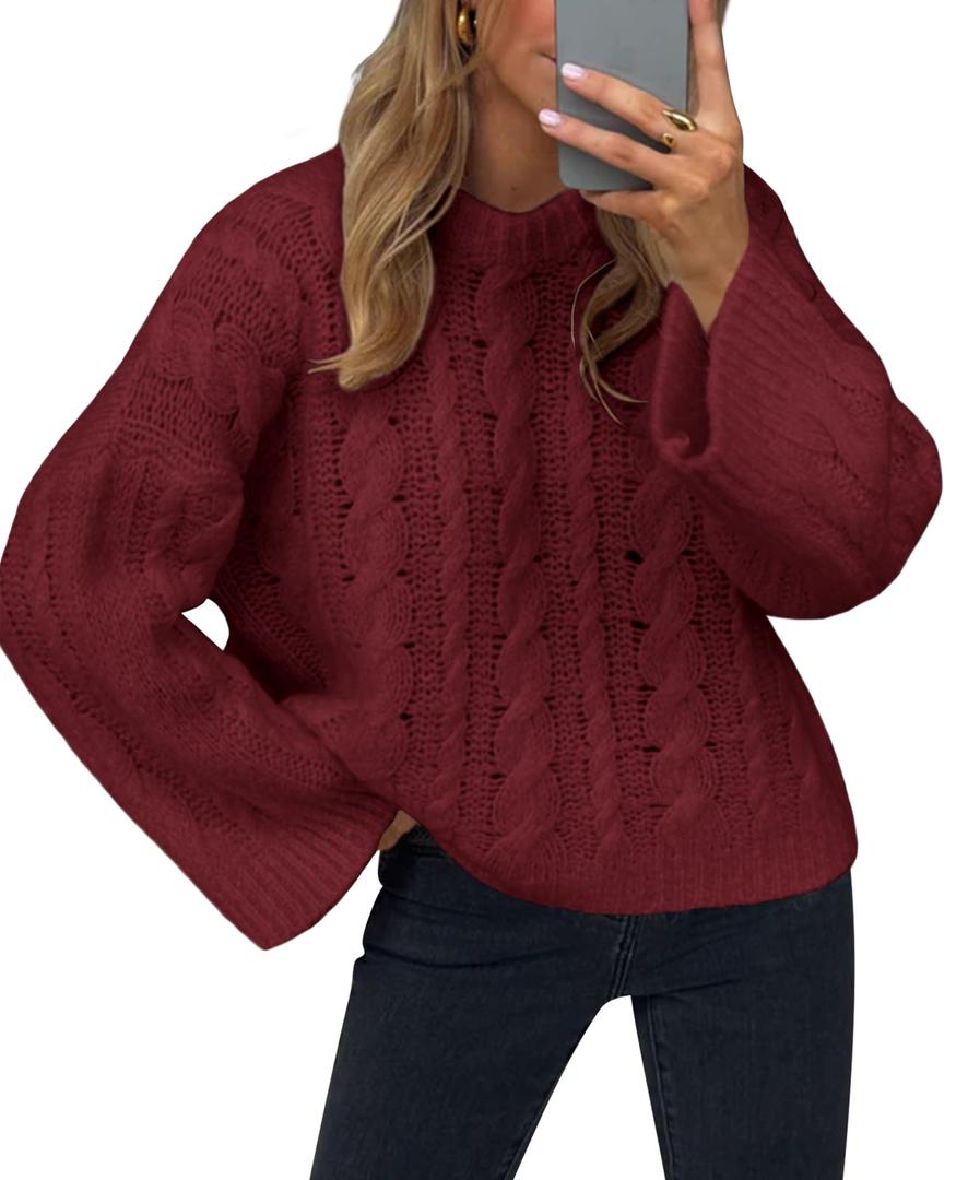 SYNEELIFE Women’s Cable Knit Sweaters Oversized Crewneck Winter Knit Pullover Y2k Chunky Cozy Sweater Burgundy M (Red)
