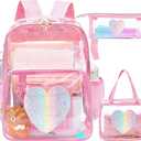 Eccliy 3 Pcs Clear Backpacks for Kid School, Heavy Duty 17 Inch Transparent Backpack with Lunch Bag and Pencil Bag(Rose Pink,Rainbow Heart), 11 Inch