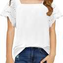 Yoklass Girls Casual Shirts Square Neck Ruffle Sleeve Tops Solid Loose Blouses 5-14 Years (White, M)