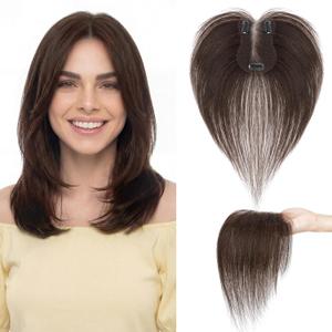 Hair Toppers for Women Real Human Hair 3603D Cover Human Topper for Thinning No Bangs Middle Part Lace Base 11 Inch Hairpieces for Women (Side Bangs, Dark Brown)