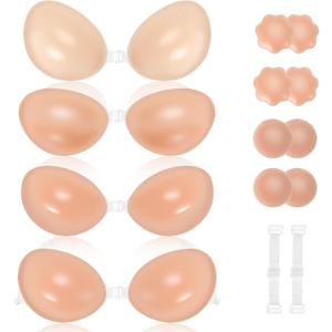 Ovlospa Adhesive Bra for Women Sticky Silicone Invisible Push up Bra for Backless Dress, 4 Pairs Adhesive Bras & 4 Pairs Nipple Covers (A Cup) Nude