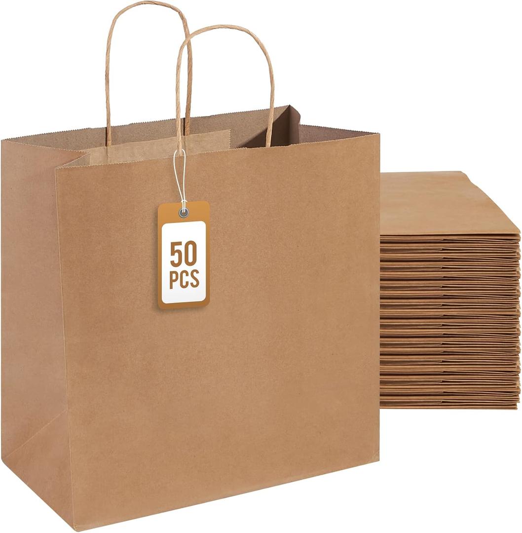 PAICUIKE 50Pcs Brown Paper Bags with Handles, Large 11x6x11 Inch Kraft Grocery Shopping & Retail Merchandise Bag, Gift Bags Bulk for Weddings, Parties, Baking