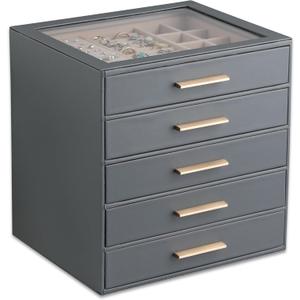 Frebeauty Clear Lid Jewelry Box,5-Layer Jewelry Organizer with Drawer,PU Leather Jewelry Organizers and Storage,Jewelry Boxes for Women,Jewelry Storage for Rings Earring Stud,Gift for Women(Grey)