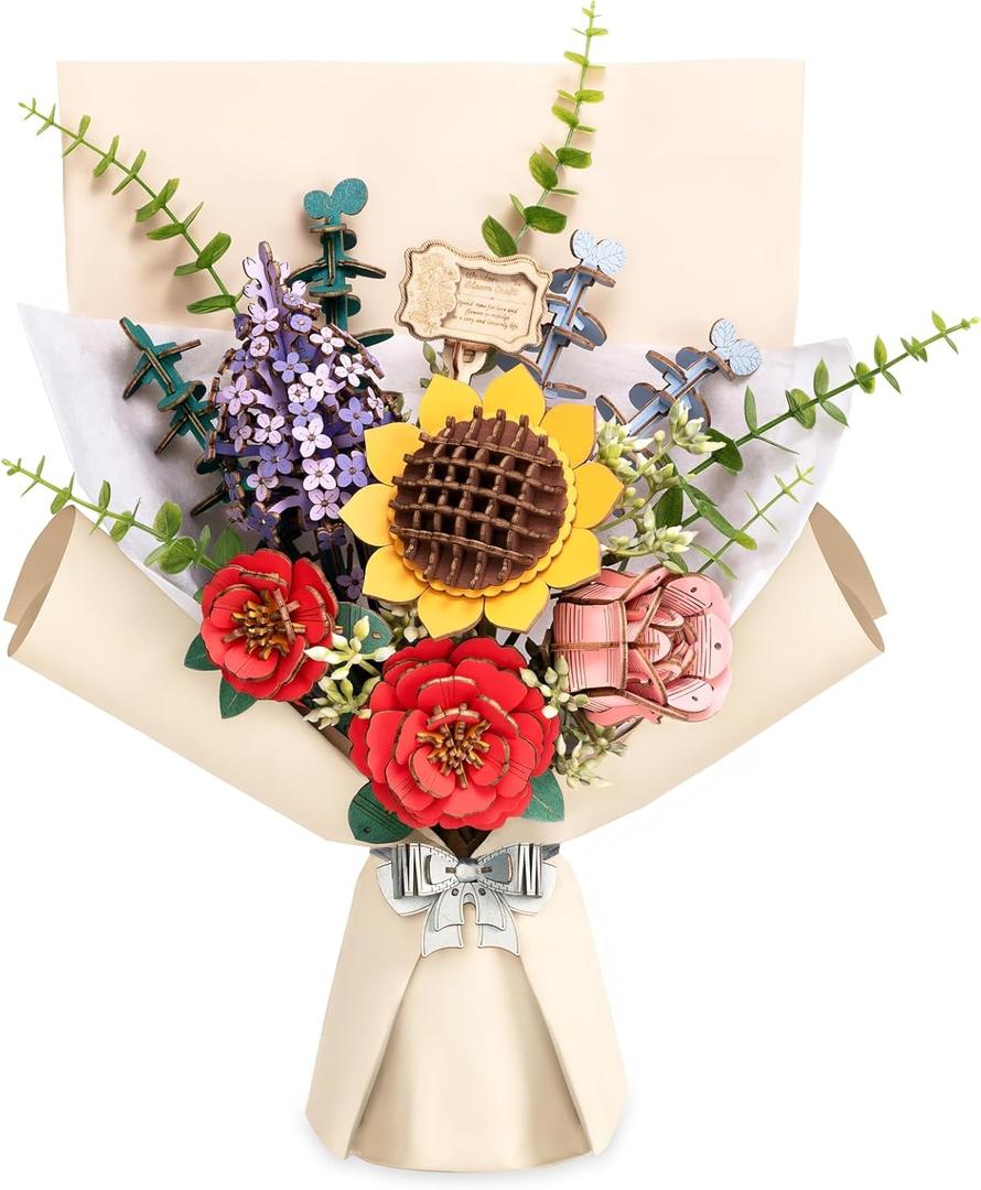 Wowood 3D Wooden Puzzles Flower Bouquet Model Kit Building Set for Adults, Wooden Flower Building Toy Botanical Collection, Creative Gift Idea Home Decor(Sunflower/Red Camellia/Pink Rose/Lilac)