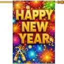HOMETITUTE Happy New Year House Flag 28x40 Inch Double Sided Garden Flag Gold Letter Fireworks and Champagne Design Large Holiday Yard Banner Outdoor Winter Decor Flag for Porch Lawn Home Decoration