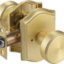 Gold Door Knobs for Bathroom & Bedroom, Interior Pismo Doorknob with Camelot Trim, Satin Brass Heavy Duty Door Knob with Lock (1)