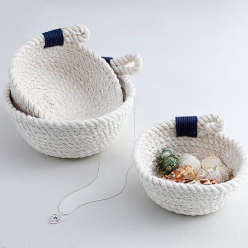 Acellegic 3 Pcs Coastal Centerpiece Woven Baskets Small Seashell Baskets 5 in, 5.5 in, 6 in, Rope Gift Bowls Decorative Trays for Beach Decor for Beach Weddings Home Bathroom Nursery Living Room Decor