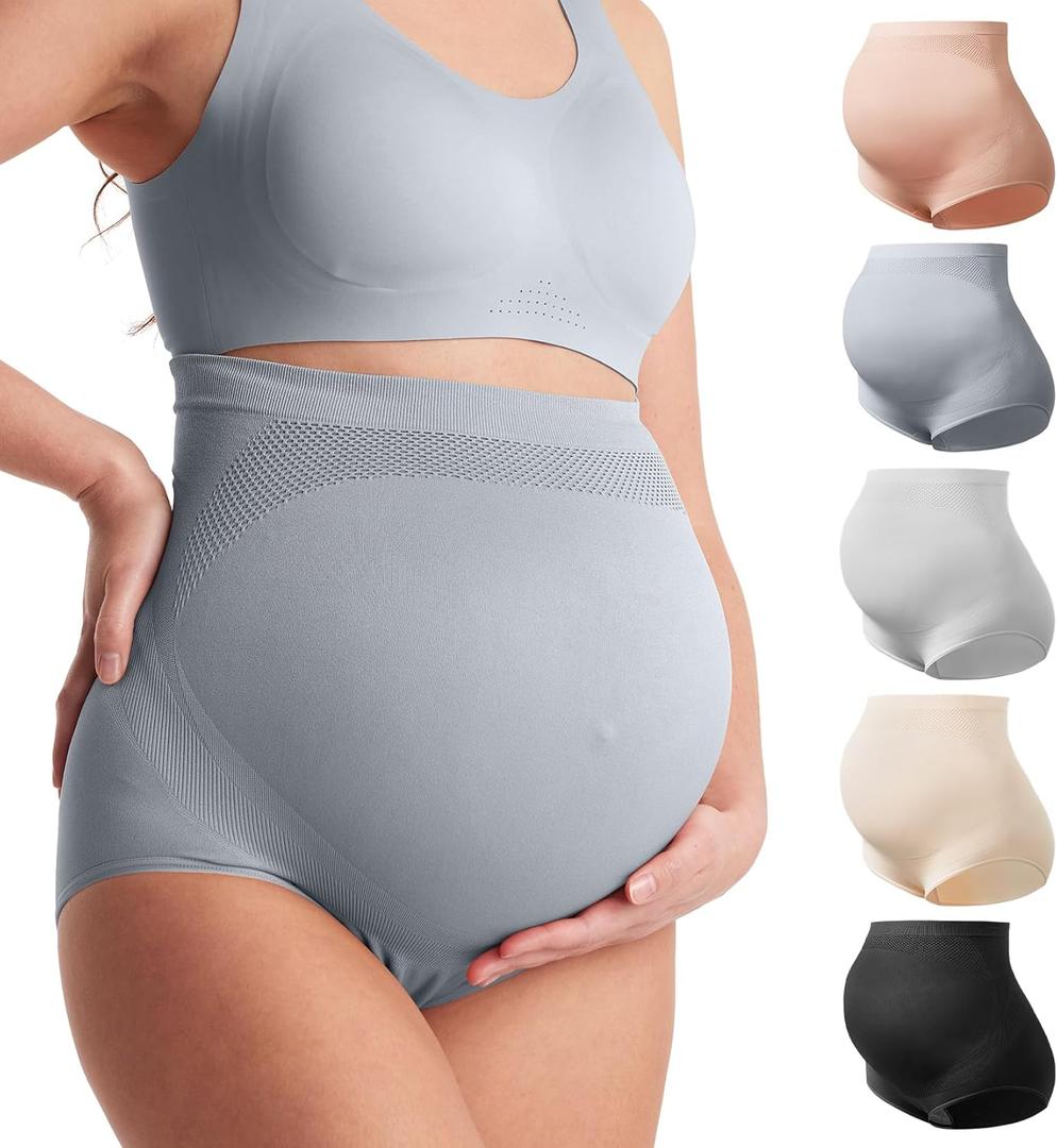Momcozy Women's Maternity High Waist Underwear Pregnancy Soft Seamless Maternity Underwear Over Bump (Large, Almond,pink,black,light Grey,dark Grey-5pk)