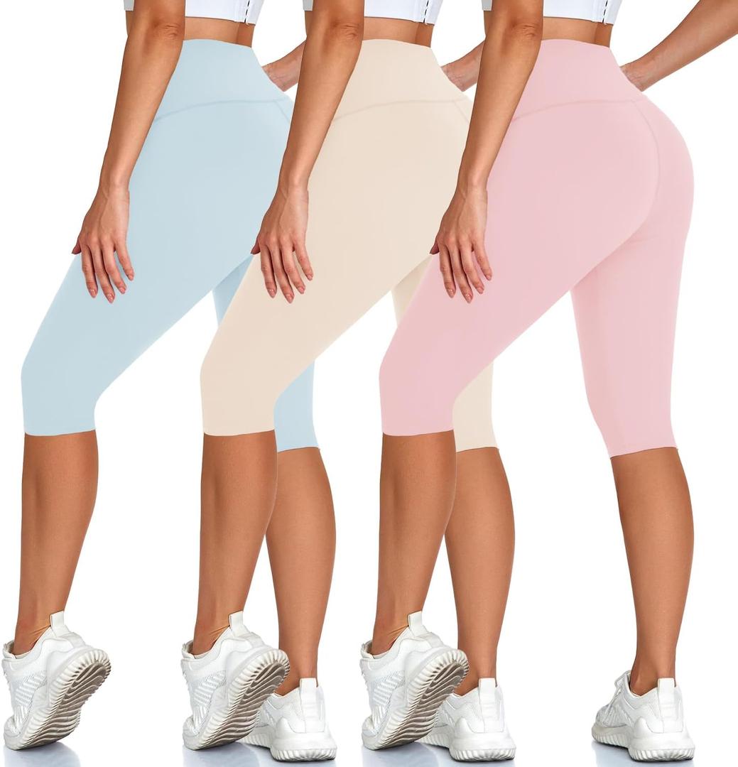 High Waisted 3 Pack Women's Capri Pants - Knee Length Yoga Shorts, Biker Workout Leggings for Women,Summer Activewear (Large-X-Large, White/Light Blue/Light Pink)