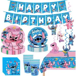 88PCS For Stitch Party Supplies: 6 Hanging Swirls, 20 Napkins, 20 Cups, 20 Plates 9 inch 20 Plates 7 inch, 1 Banner, 1 Tablecloth for Stitch Birthday Party Decorations