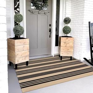 OJIA Outdoor Rug 3'x5', Black and Tan Area Rug Machine Washable Rugs Cotton Hand Woven Entry Rug Indoor Outdoor Striped Carpet for Front Porch/Deck/Backyard/Camping/Living Room