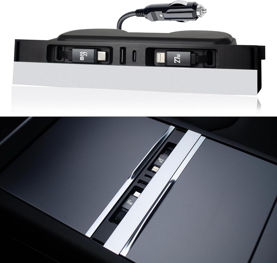 Car USB Hub Charger for Tesla Center Console with Fast Charging Retractable Cables Phone Charger Docking Station Accessories(Model Y Juniper 2025-2026 & Model 3 Highland 2024-2025)