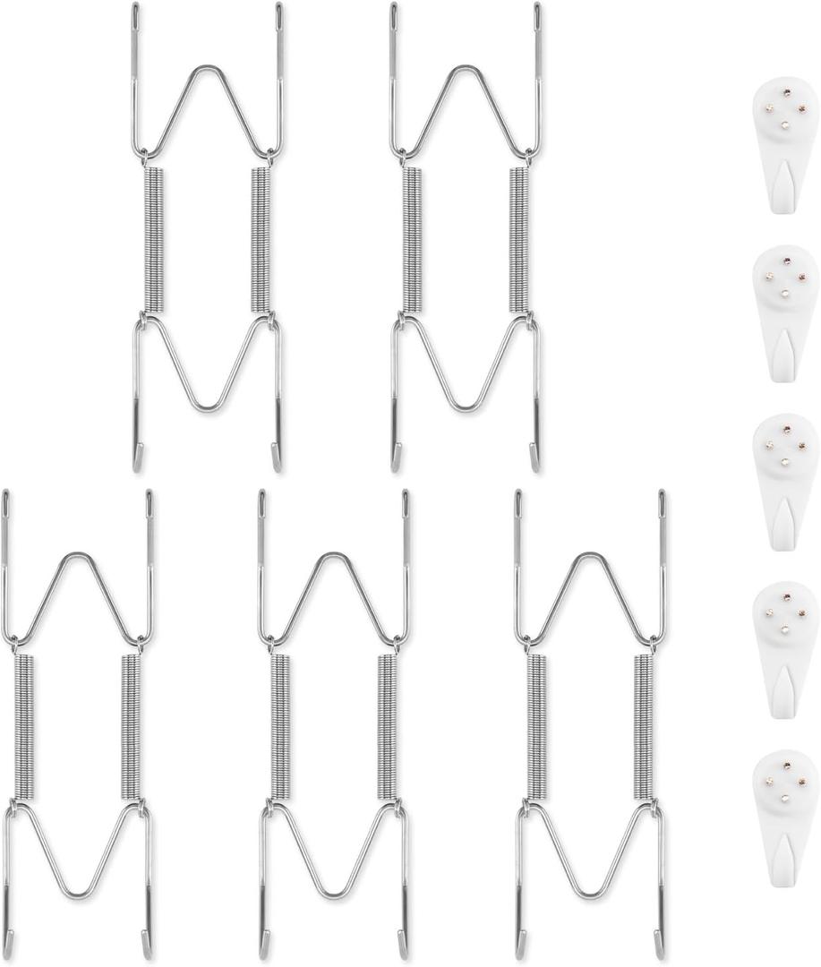 5 Pack Plate Hangers for The Wall, Suitable for 6-8 inch Art Plate, Stainless Steel Invisible Heavy Duty Wire Plate Holder with Wall Hooks, Plate Hangers for Displaying Plates, Platter, Dish, Silver