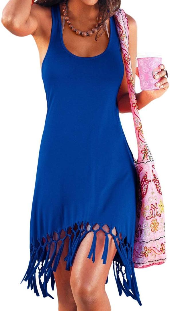 pinziko Women's Summer Swimsuit Beach Dress Bathing Suit Cover Up Vacation Fringe Dresses (Blue)