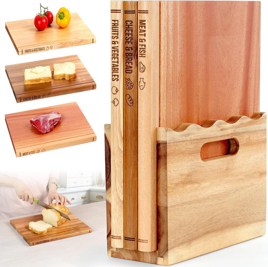 Book Cutting Board Set of 3 with Stand-The Cutting Board Library, Solid Wood Book-Shaped Boards for Serving & Display, Labeled Meat & Fish, Bread & Cheese, Fruits&Vegetables-Decorative Cutting Boards.