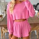 Remidoo Women's Split Short Pajama Set Long Sleeve T Shirt and Shorts Pajamas Crewneck Loungewear Pink Large