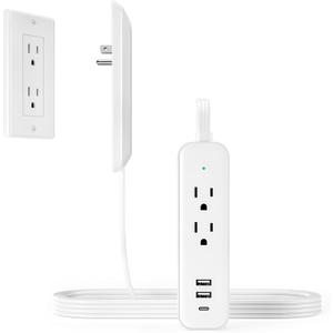 Flat Socket Extension Cord 5 FT Surge Protector Power Strip with 2 AC Outlets 1 USB C and 2 USB A Ports, Multiple Wall Outlet Extender Suitable for Home Dorm Desk Garage Work Travel Apartment (5FT)