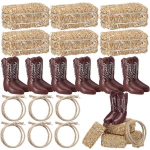 12 Sets 6 Sets Western Cowboy Party Centerpieces Decoration Mini Hay Bales Mini Cowboy Boots Table Centerpieces Twisted Jute Rope for Western Wedding Birthday Vintage Ornament Decor