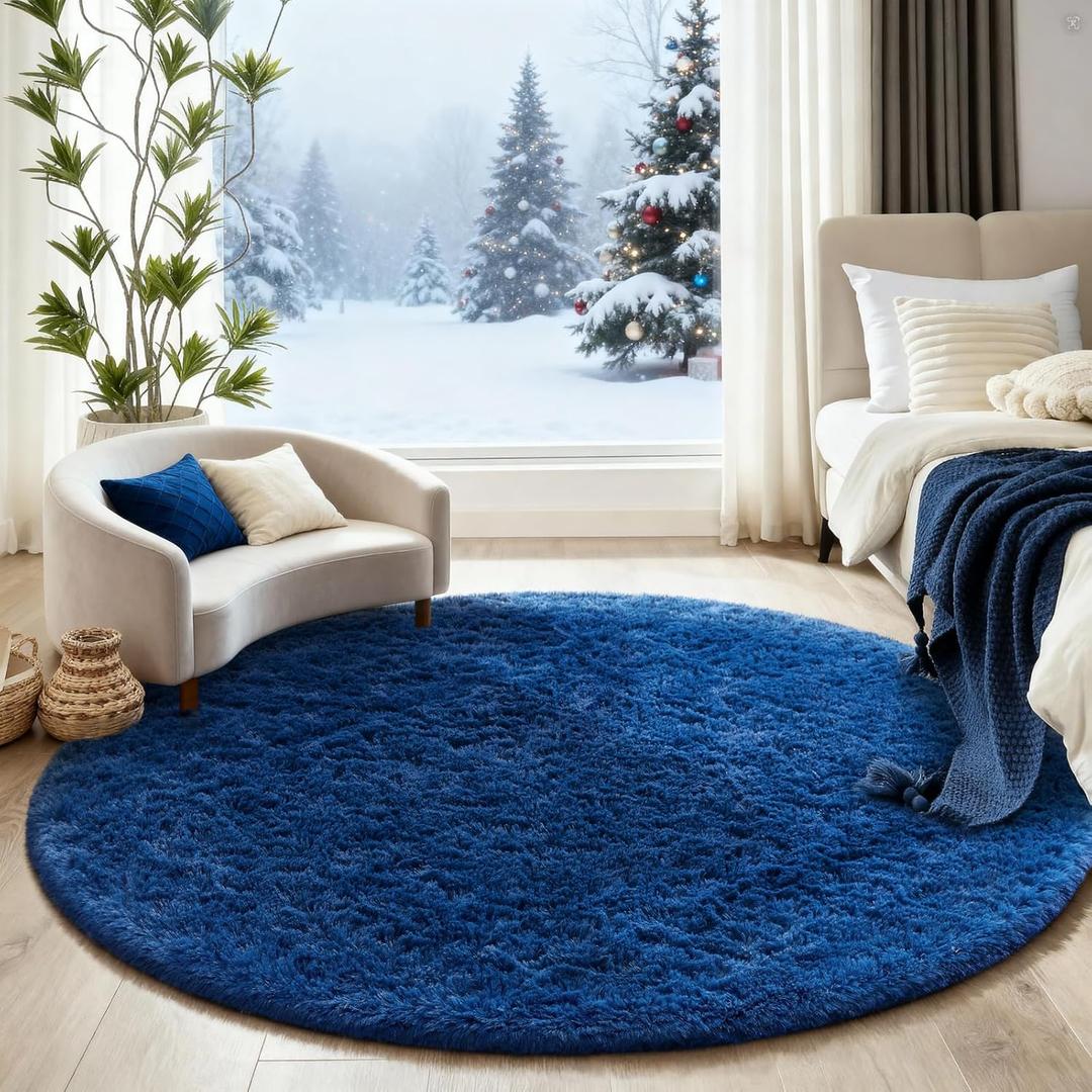 Ophanie Round Rug 5Ft Blue Circle Area Rug, Boys Room Decor, Fluffy Fuzzy Bedroom Carpet, Plush Soft Shaggy Living Room Rugs for Kids Home Decor Aesthetic, Nursery