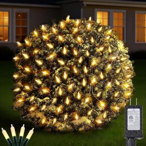 Led Christmas Net Lights Outdoor Connectable, 120LED 5ft x 6ft Waterproof 8 Modes Black Wire 29V Plug in Mesh Lights for Garden Yard Bushes Trunk Tree Decor (Warm White, 1Pack)