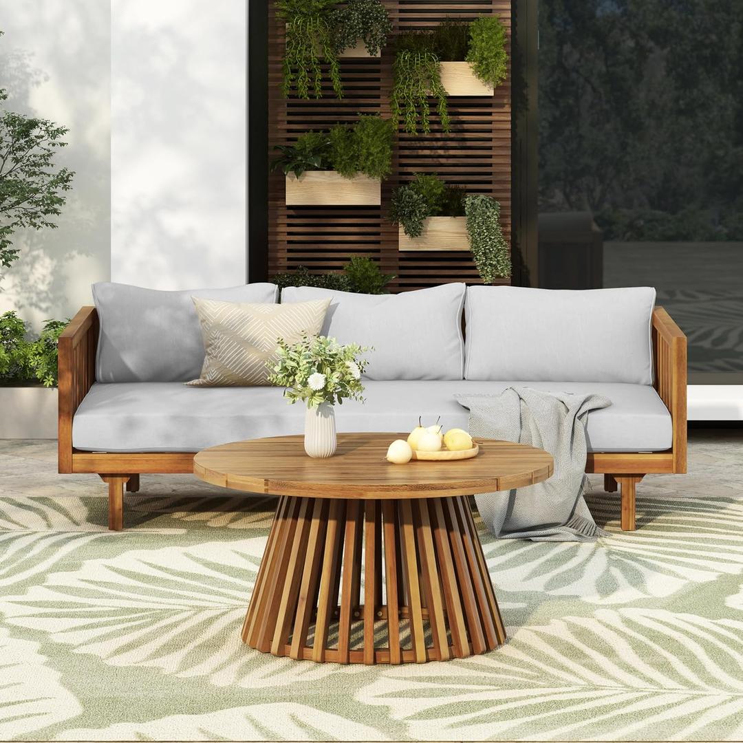 Merax Outdoor Acacia Wood Conversation Set, 3-Seat Loveseat Sofa w/Coushion and Round Coffee Table for Backyard, Patio Furniture, Teak+Light Gray