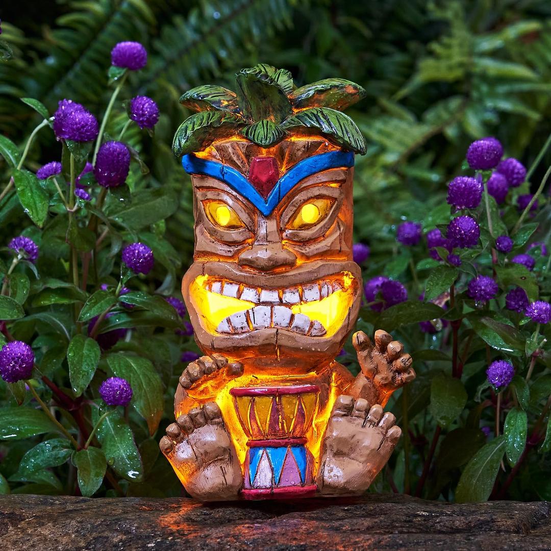 Outdoor Tiki Statue Decoration-Solar Power Light Tiki Garden Statues-Tiki Bar Decor Totem Pole Waterproof Figurines for Garden,Patio,Balcony,Yard,Lawn Ornament,10.43 Inch Tall