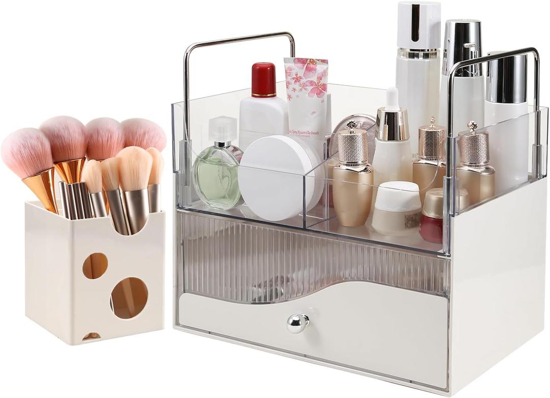 DASITON Makeup Organizer with Drawer for Vanity, Large Skincare Organizers and Storage Box, Cosmetic Display Case for Dresser, Bathroom Countertop, Easy to Store Cosmetics Beauty Products (Cream 01) DASITON Makeup Organizer with Drawer for Vanity, Large Skincare Organizers and Storage Box, Cosmetic Display Case for Dresser, Bathroom Countertop, Easy to Store Cosmetics Beauty Products (Cream 01)